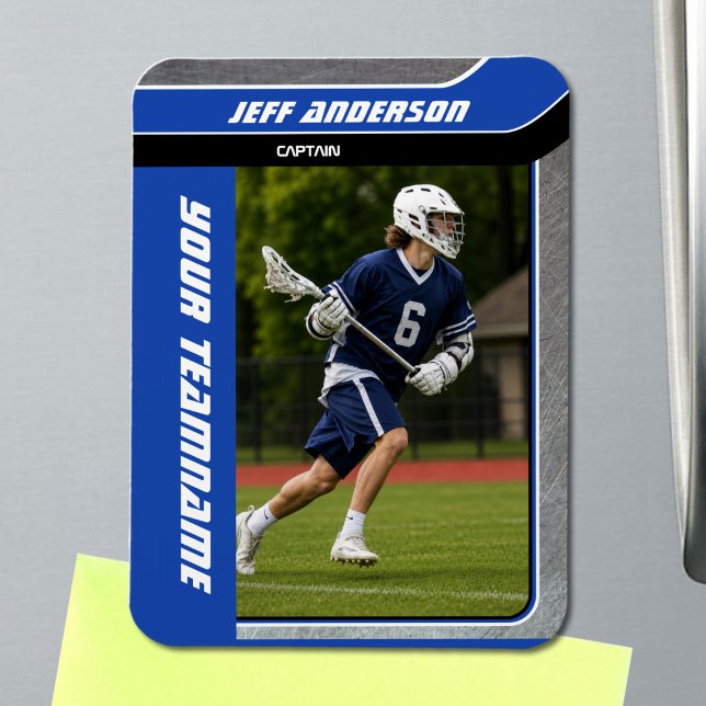Blue Metal ILacrosse Player Photo Magnet (Blue Metal Lacrosse Player Photo Magnet with Custom Team Name and Player Photo)