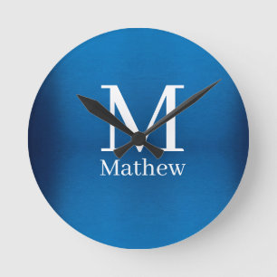 blue metallic abstract shiny monogram name man round clock