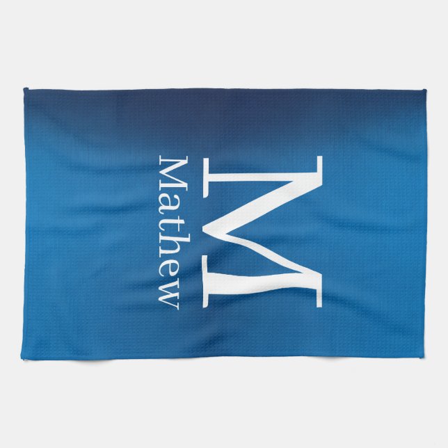 blue metallic abstract shiny monogram name man  tea towel (Horizontal)