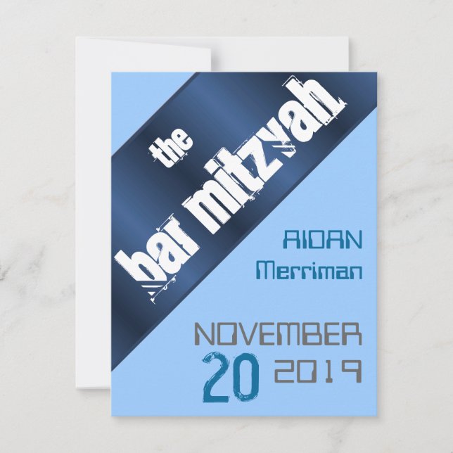 Blue metallic Bar Mitzvah Invitation (Front)