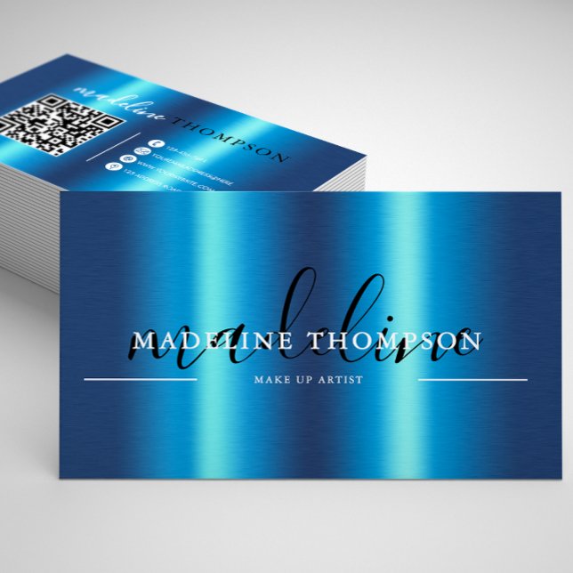 Blue Metallic Brush Steel Script QR code Business Card (Creator Uploaded)