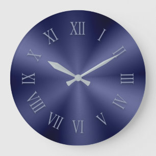 Blue Metallic Clock with Patterned Roman Numbers