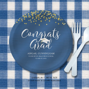 Blue Metallic CONGRATS GRAD Gold Confetti Paper Plate