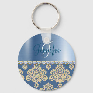Blue Metallic, Damask Faux Satin Rhinestones Key Ring