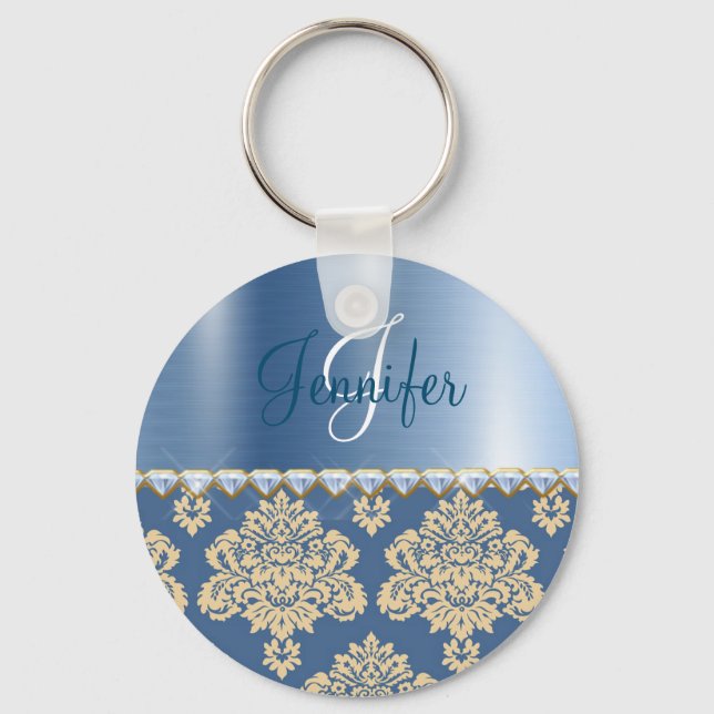Blue Metallic, Damask Faux Satin Rhinestones Key Ring (Front)