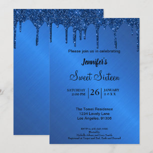 Blue metallic glitter Sweet Sixteen Invitation