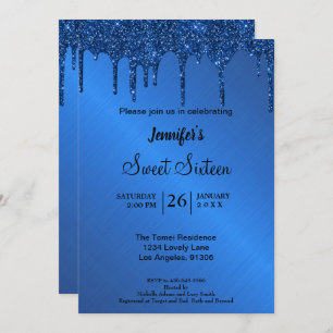 Blue metallic glitter Sweet Sixteen Invitation