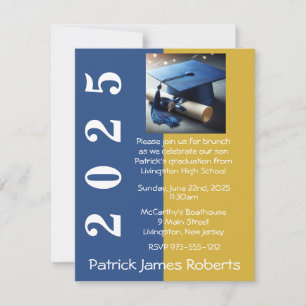 Blue & Metallic Gold Cap Design Graduation Invitation