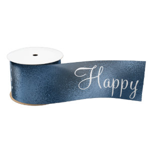 Blue Metallic Happy Birthday Script Modern Satin Ribbon