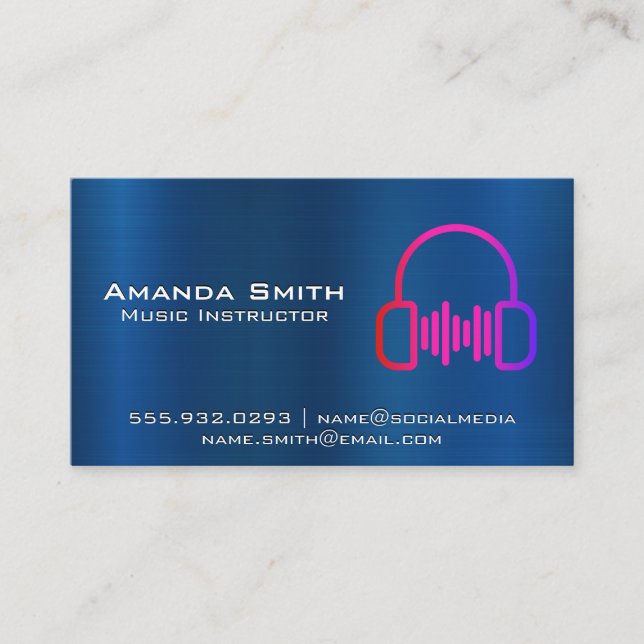 Blue Metallic | Headphone Logo Business Card (Front)