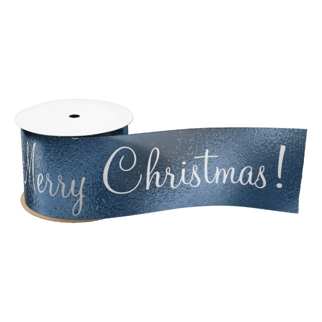 Blue Metallic Merry Christmas Holiday Modern Satin Ribbon (Spool)