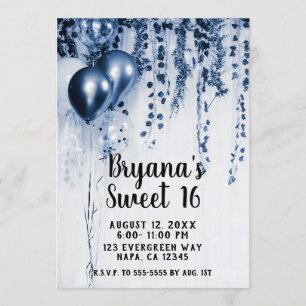 Blue Metallic Party Balloons Ivy White Sweet 16 Invitation