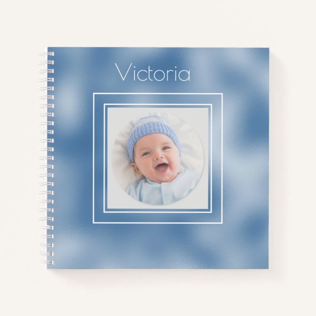 Blue Metallic Photo Name Typography Notebook (Front)