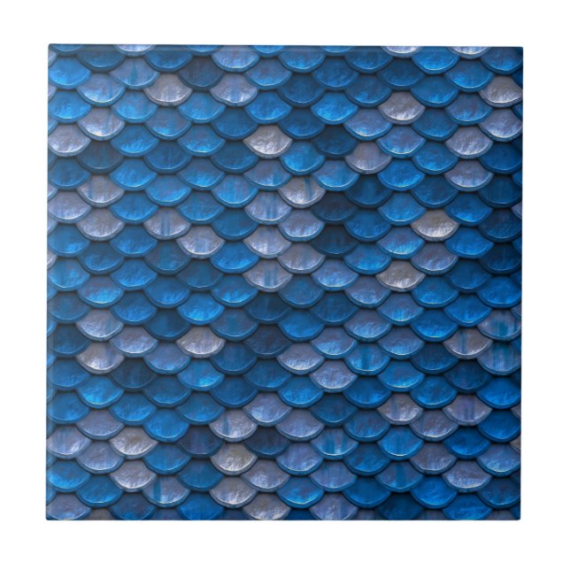 Blue Metallic Scale Fish Dragon Mermaid Texture Tile (Front)