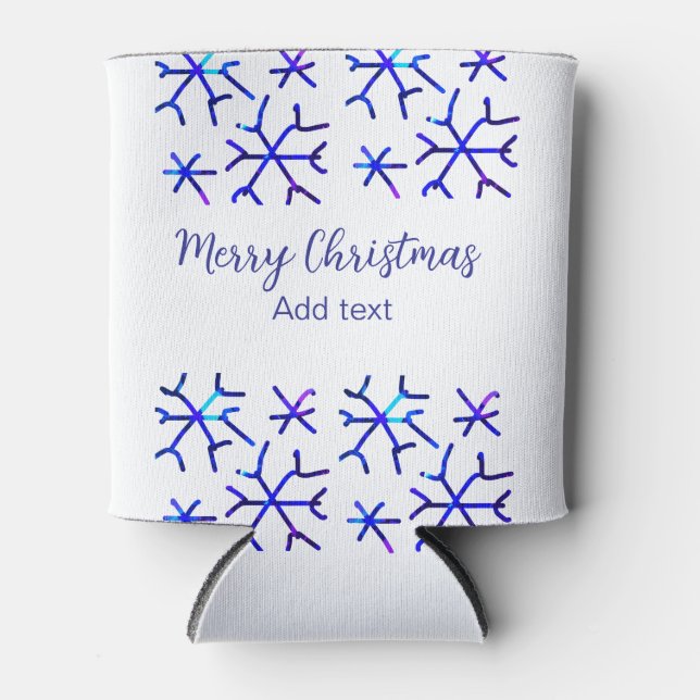 Blue metallic shiny snowflakes Christmas pattern f Can Cooler (Front)