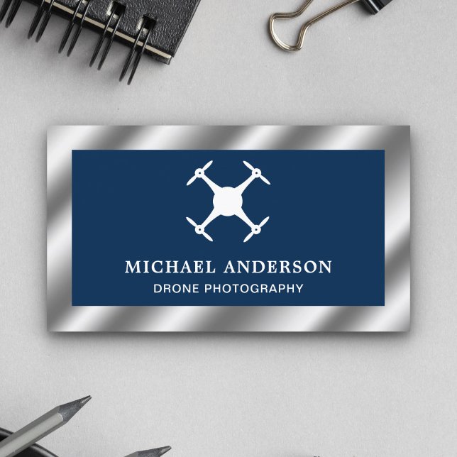 Blue Metallic Steel Modern Drone Photography Business Card (Creator Uploaded)