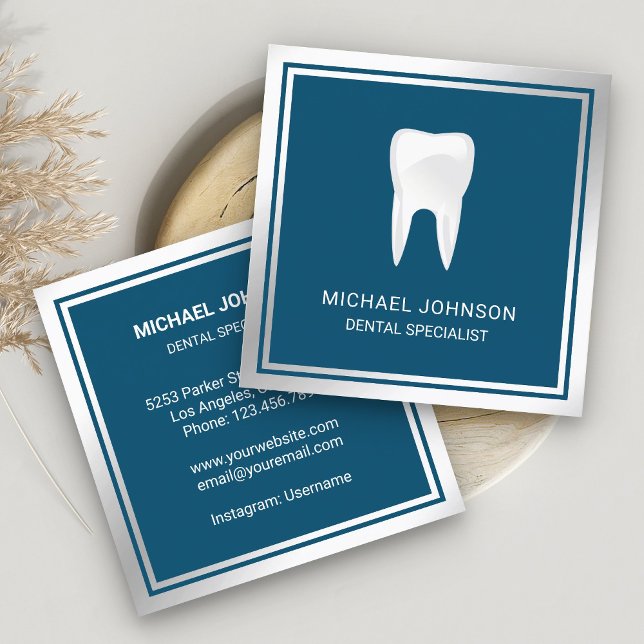 Blue Metallic Steel Tooth Dental Clinic Dentist Square Business Card (Creator Uploaded)