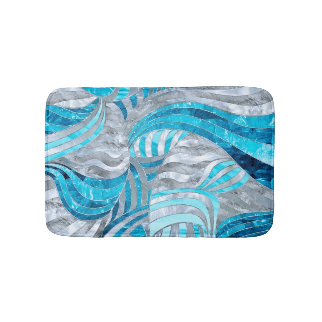 Blue Metallic Wavy Abstract Bath Mat (Front)