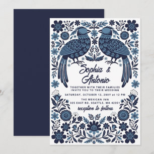 Blue Mexican Birds Otomi Floral Fiesta Wedding Invitation