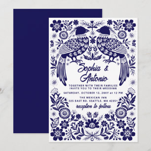 Blue Mexican Birds Otomi Floral Fiesta Wedding Invitation