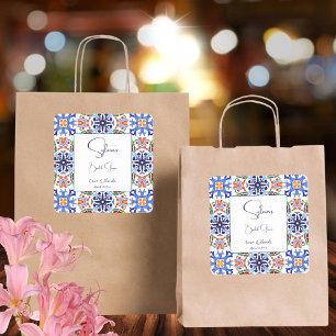 Blue Mexican colourful tiles bridal shower favour Square Sticker