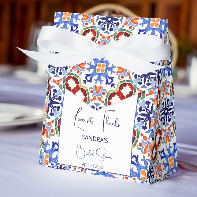 Blue Mexican colourful tiles bridal shower printed Favour Box (Blue Mexican colorful Talavera Azulejo tiles bridal shower favors personalized printed Favor Box)