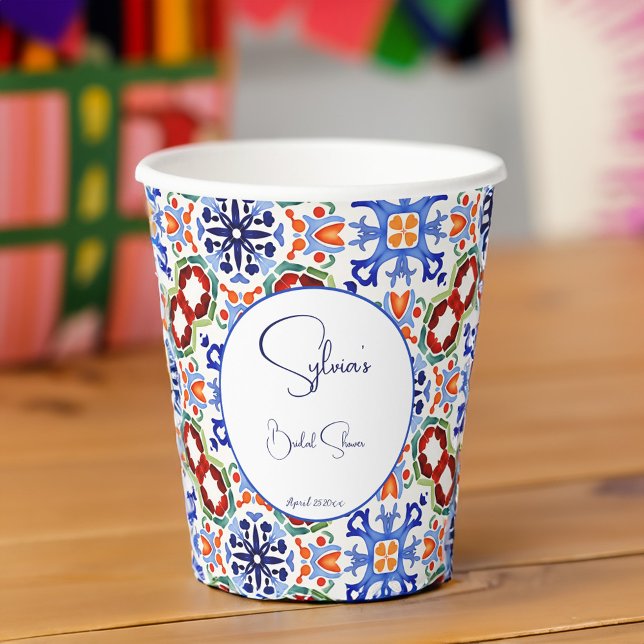 Blue Mexican colourful tiles bridal shower printed Paper Cups (Blue Mexican Talavera Azulejo colorful tiles bridal shower printed Paper Cups template personalized)