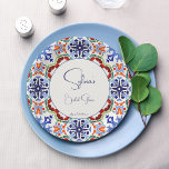 Blue Mexican colourful tiles bridal shower printed Paper Plate<br><div class="desc">Blue colourful Mexican talavera azulejo tiles bridal shower printed template paper plates personalised tableware decor,  handwriting casual font</div>