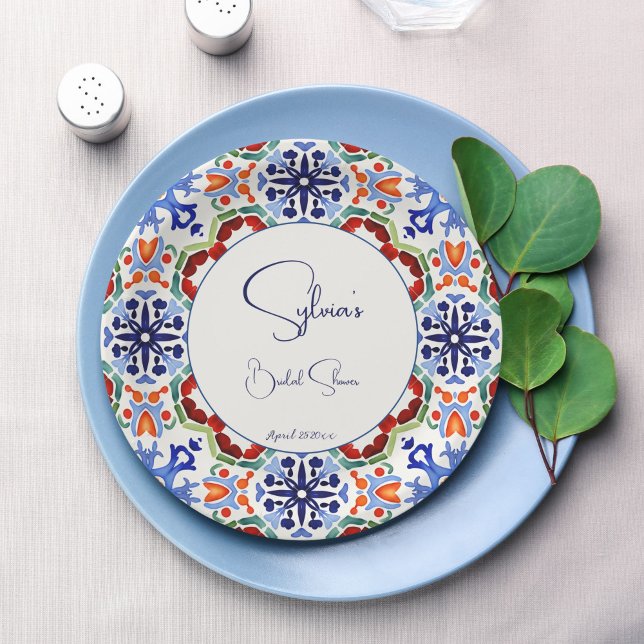 Blue Mexican colourful tiles bridal shower printed Paper Plate (Blue Mexican vintage Talavera colorful tiles bridal shower printed Paper Plates personalized decor)