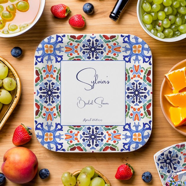 Blue Mexican colourful tiles bridal shower printed Paper Plate (Blue Mexican colorful talavera azulejo tiles Spanish bridal shower printed Paper Plates template)