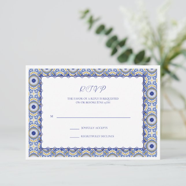 Blue Mexican Talavera Spanish Wedding RSVP Card (Standing Front)