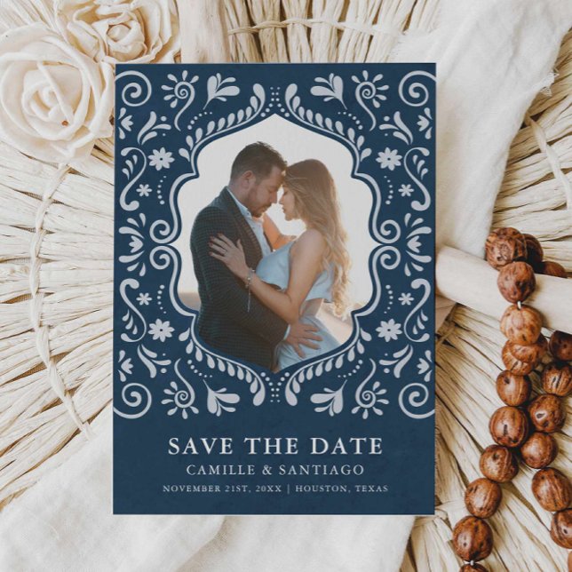 Blue Mexican Themed Photo Save the Date (Blue Talavera Mexican Themed Save the Date with Photo)