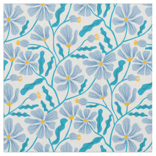 Blue Mid-Century Modern Floral Pattern Fabric