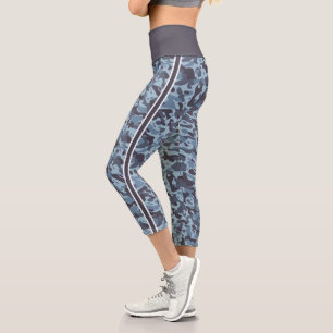Blue military camouflage white and blue stripes capri leggings