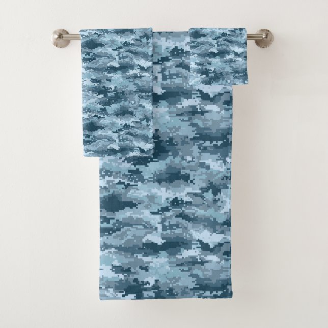 Blue military pixelated camouflage pattern bath towel set (Insitu)