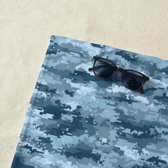 Blue military pixelated camouflage pattern beach towel (In Situ)