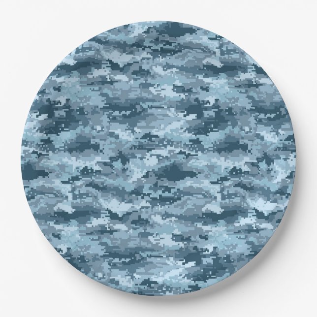 Blue military pixelated camouflage pattern paper plate (Front)