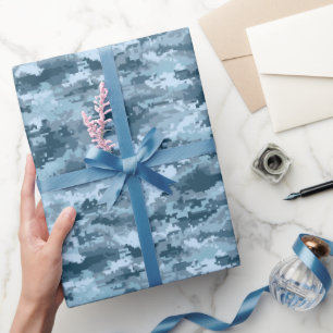 Blue military pixelated camouflage pattern wrapping paper
