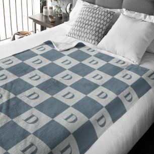 Blue Mini Squares Pattern Monogram Fleece Blanket