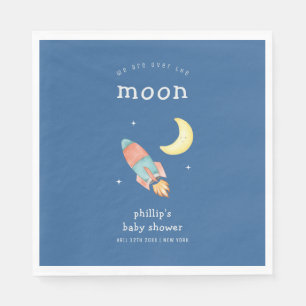 Blue Minimal Boy Over The Moon Rocket Baby Shower  Napkin