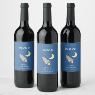 Blue Minimal Boy Over The Moon Rocket Baby Shower  Wine Label