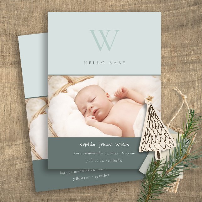 Blue Minimal Monogram Photo Birth Announcement (Creator Uploaded)