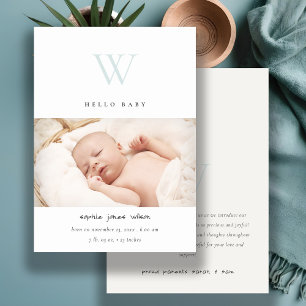 Blue Minimal Monogram Photo Birth Announcement