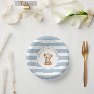 Blue Minimal Stripes Teddy Bear Birthday  Paper Plate