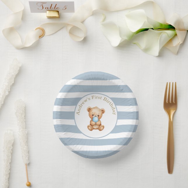 Blue Minimal Stripes Teddy Bear Birthday  Paper Plate (Wedding)