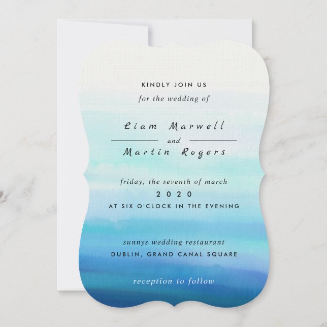 Blue Minimal Watercolor Waves Invitation (Back)
