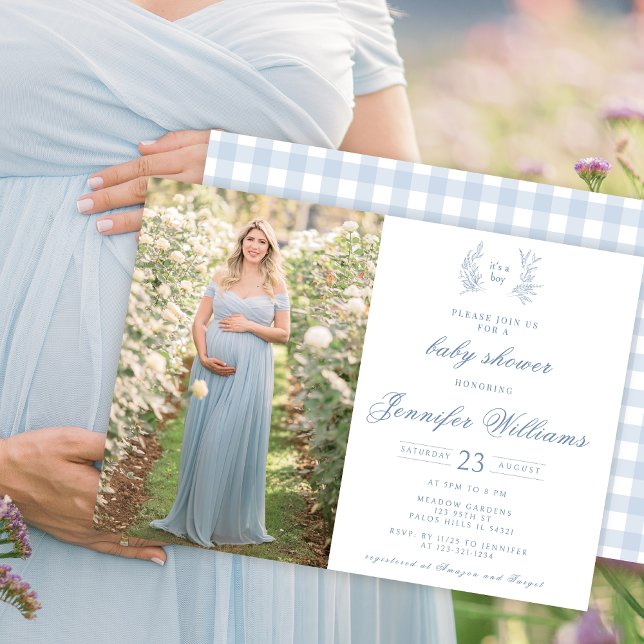 Blue minimalist baby boy shower photo invitation (Creator Uploaded)