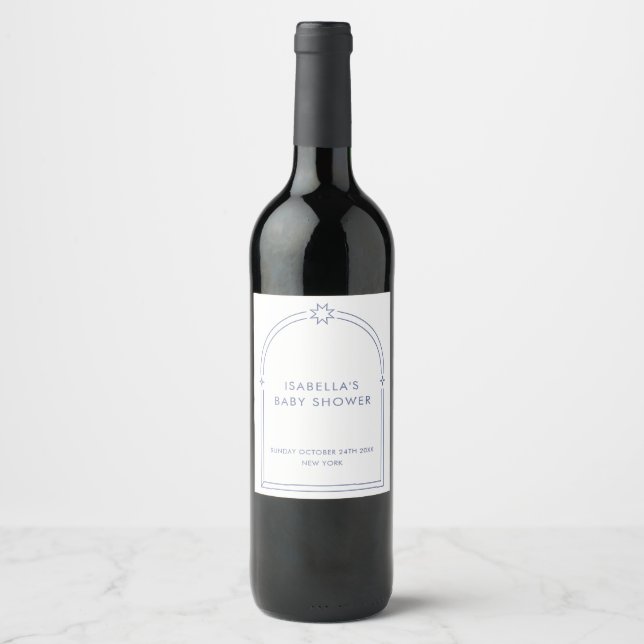 Blue Minimalist Boho Arch Baby Shower  Wine Label (Front)