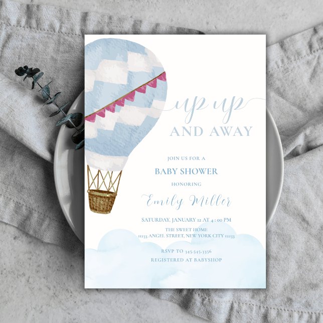 Blue Minimalist Boho Hot Air Balloon Baby Shower Invitation (Blue Minimalist Boho Hot Air Balloon Baby Shower Invitation)