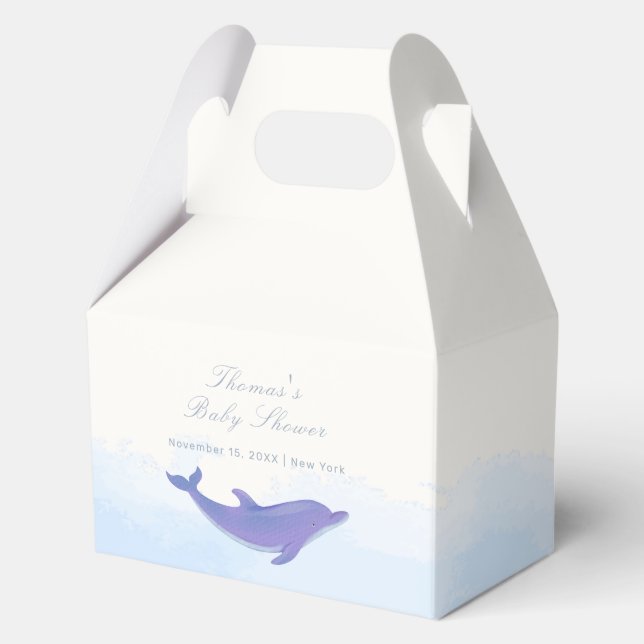 Blue Minimalist Boho Ocean Dolphin Baby Shower Favour Box (Front)
